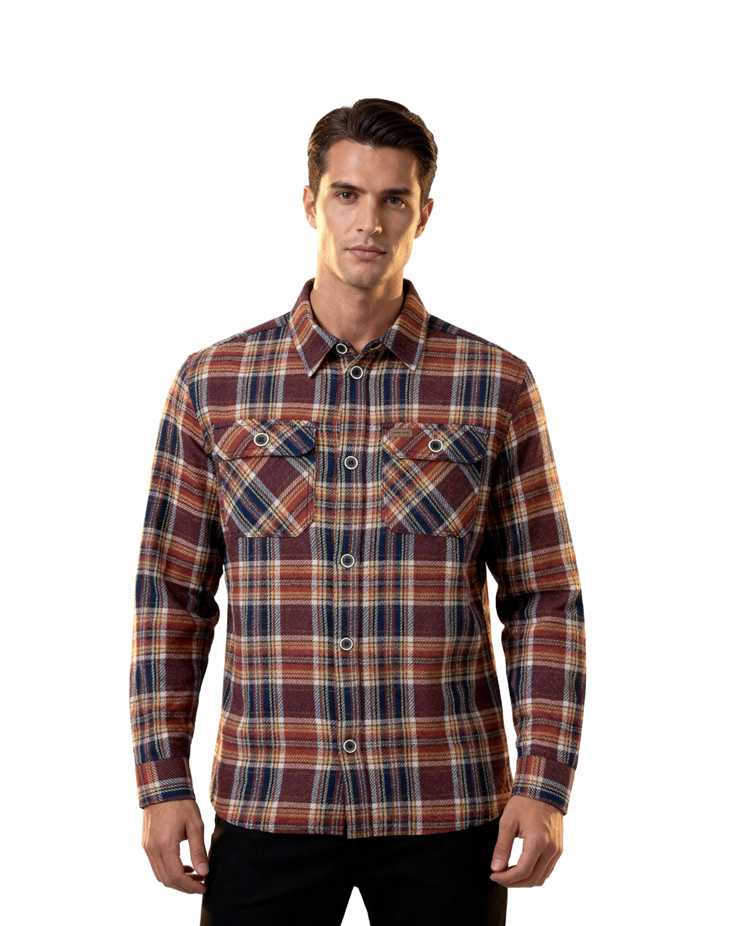 Man wearing a plaid shirt on a white background